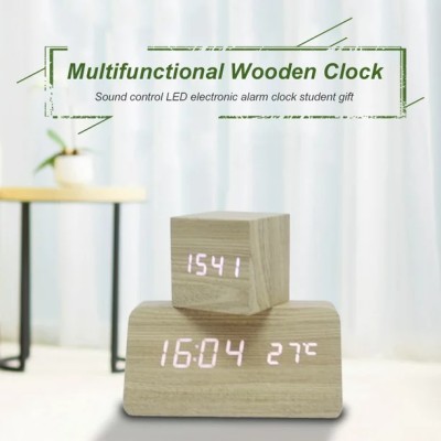 Amdohai Multifunctional Wooden Clock LED Digital Clock Camphor Wood Grain Wood Clock Mute Sound Control LED