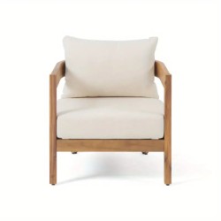 Club chair with two plush seat cushions upholstered in water-resistant polyester fabric in a light neutral tone